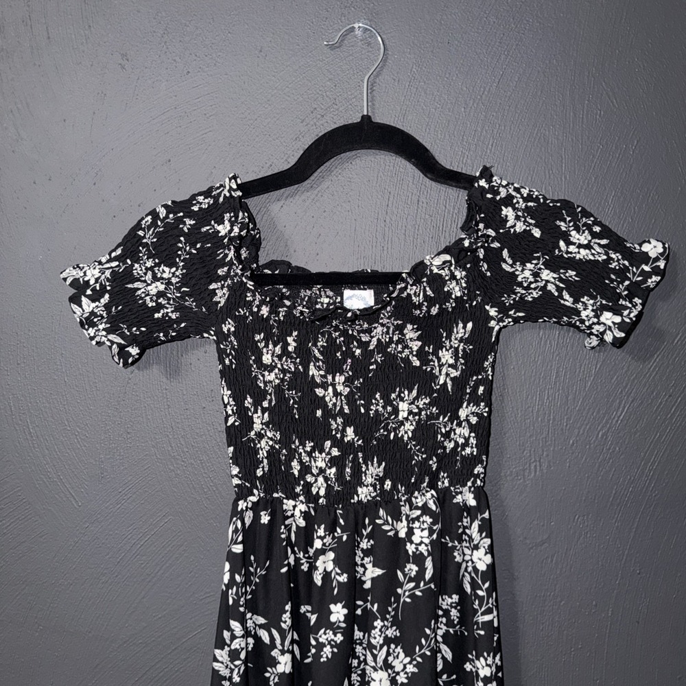 Blue Rain Maxi Dress Womens XS Boho Off Shoulder Smocked Black White Festival - Picture 2 of 6
